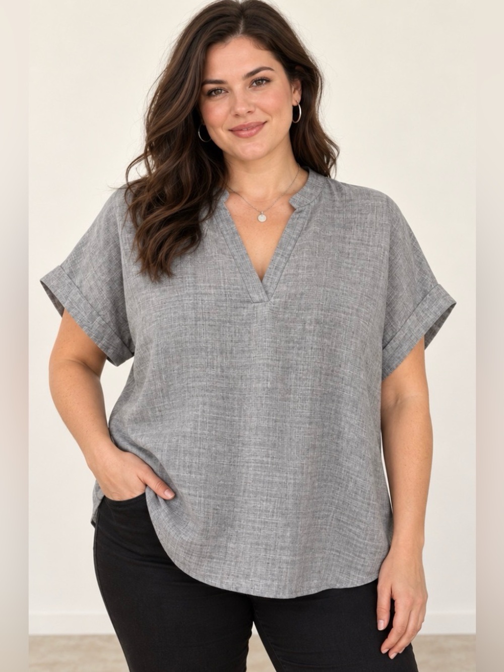 SHEIN Heathered Gray V-Neck Short Sleeve Tunic